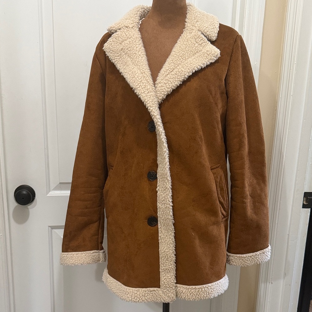 Wild Fable Faux Fur /Leather Brown Button Up Jacket with Cream Interior - Picture 1 of 6